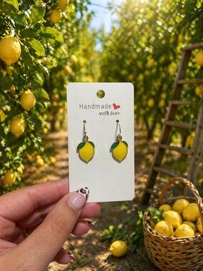 Handmade Lemon Drop Earrings — Yellow with Green Leaf Accent